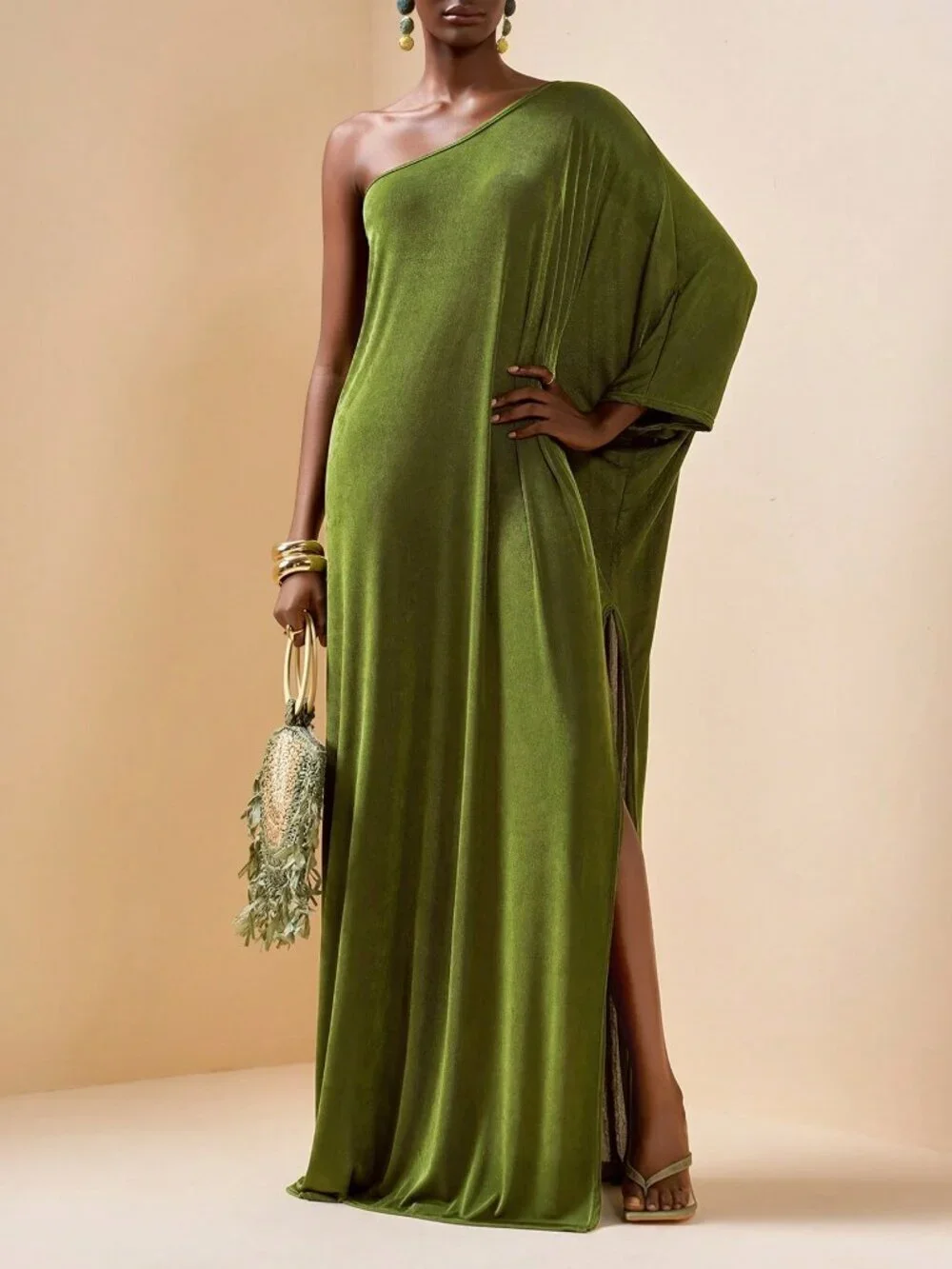 Army Green Elegant Women's One-Shoulder Robe Beach Cover-Up